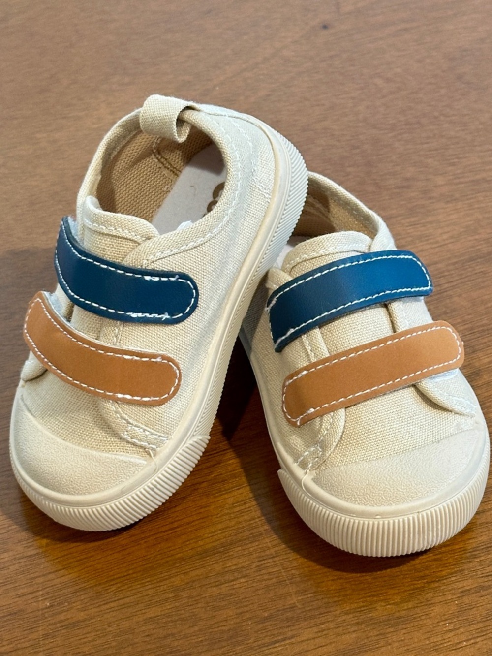 Kids Neutral Canvas Sneakers with Blue and Tan Straps